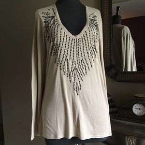 CALVIN KLEIN TAN L/S SHIRT - BLACK BEADING DESIGN